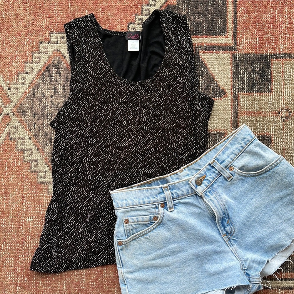 Vintage bouncy black tank with white dots size 1X fits like M